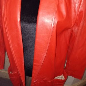 Pelle Cuir Vintage Long Red Double Breasted Leather Coat with beautiful Lining.